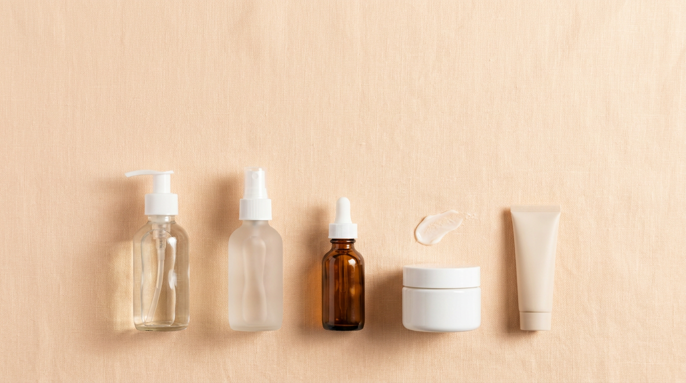 Skincare and colour essentials on a warm tan surface.